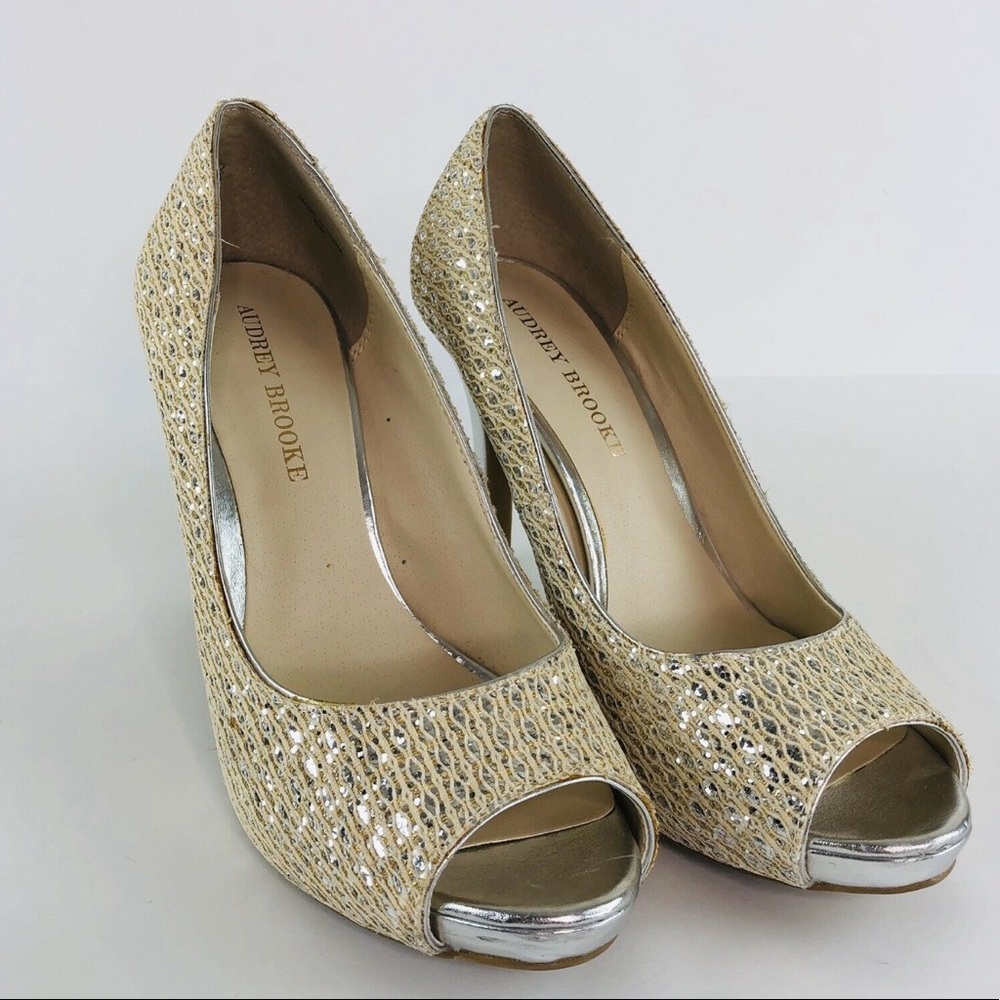 Silver and gold metallic open toe heels